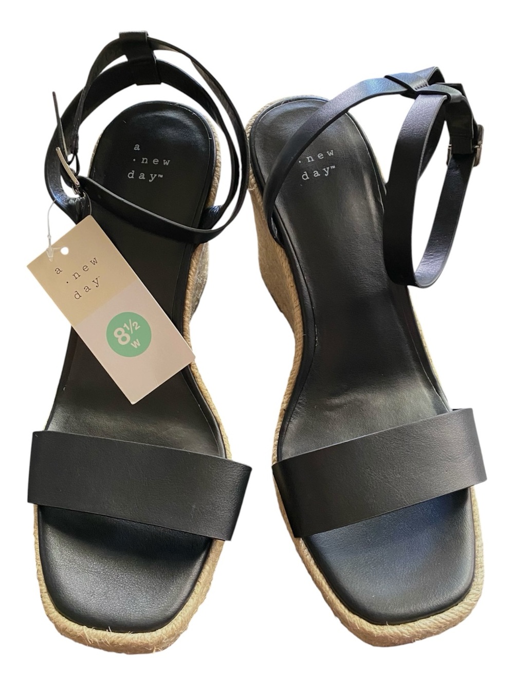 A New Day Black Espadrille Wedge Sandals 8.5W Wide Width Coastal Ankle Strap - Picture 3 of 6
